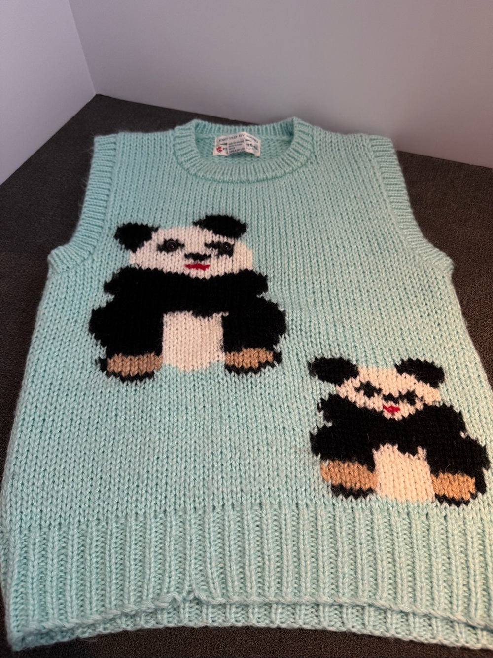 Vintage 1980's Currants byJeri-Jo Panda Knit Sweater Vest Blue Size M